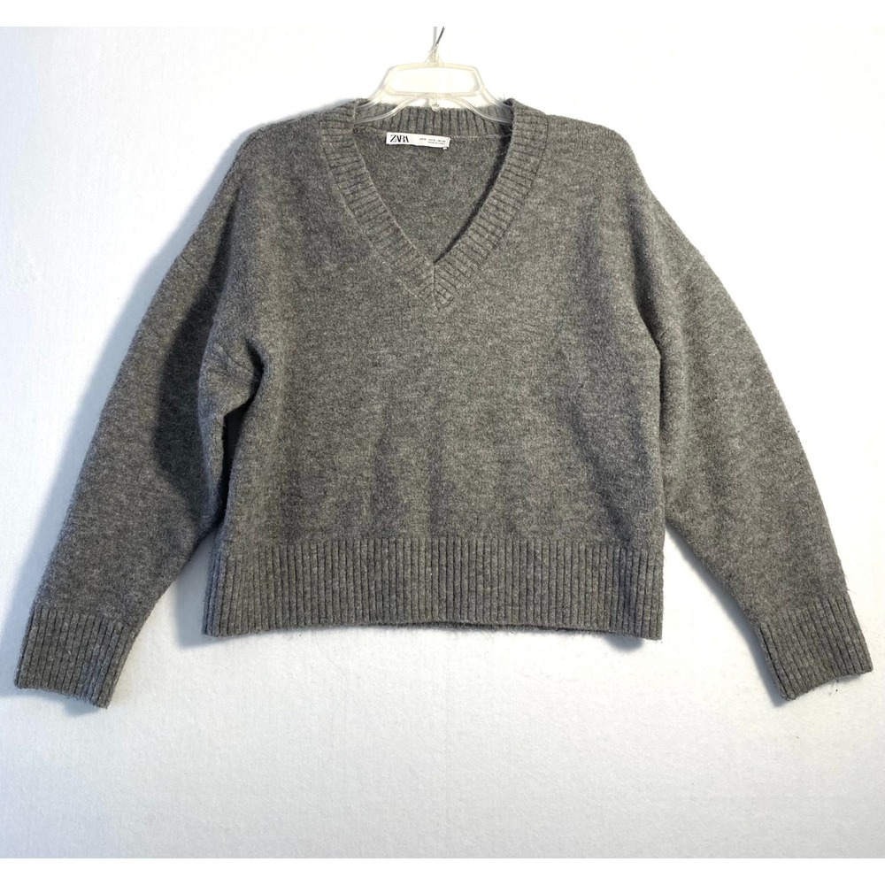 Zara Womens Grey V-Neck Knit Sweater Size S Relaxed Fit Boxy Pullover